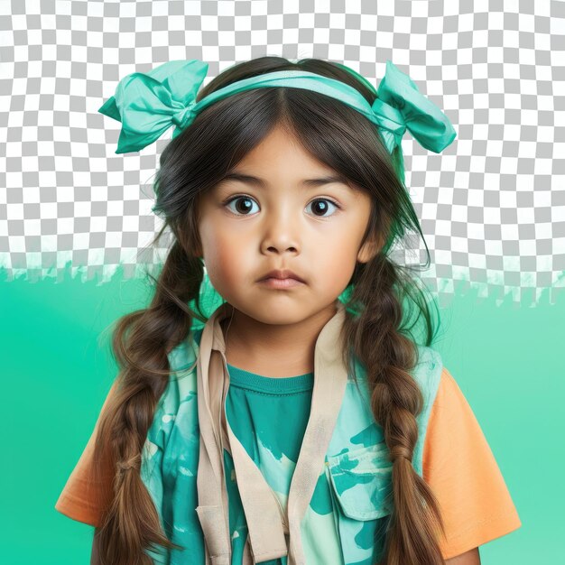 PSD fearful islander preschooler vestuário de acampamento pose casual hair tug pastel mint background