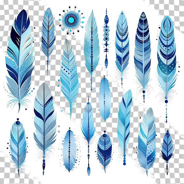PSD feather set em aquarela e liner azul vibrante com padrões astecas elementos boho e vários desenhos artísticos adequado para impressão ou acessórios de fundo transparente