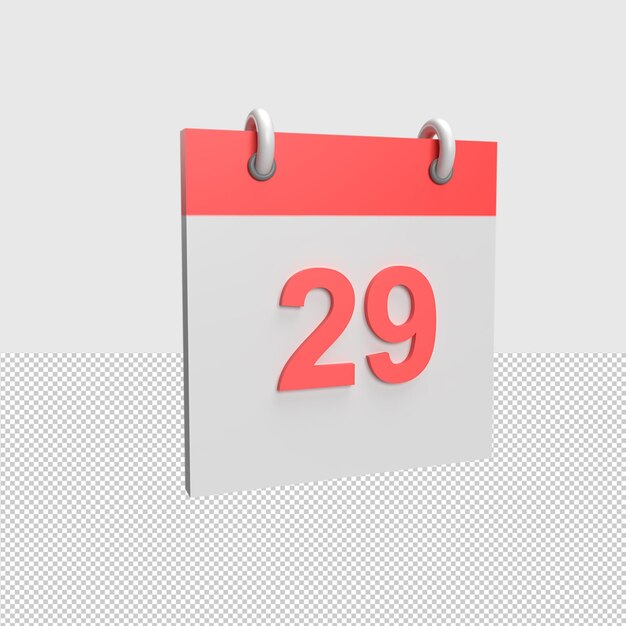 Fecha del calendario 3D 29 Ilustración de objeto renderizado