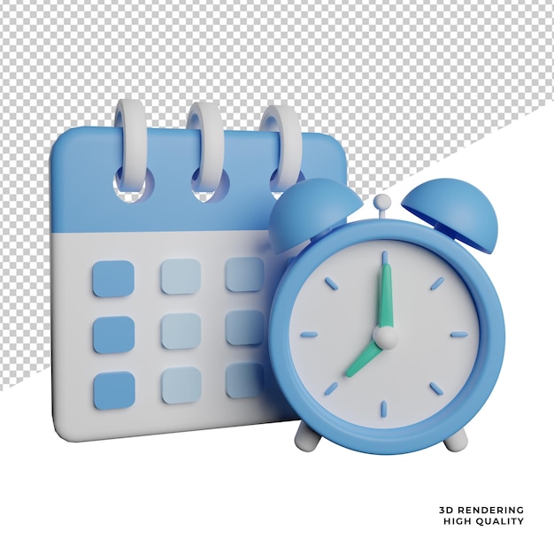 PSD fecha del calendario con reloj despertador vista frontal icono de ilustración de renderizado 3d con fondo transparente