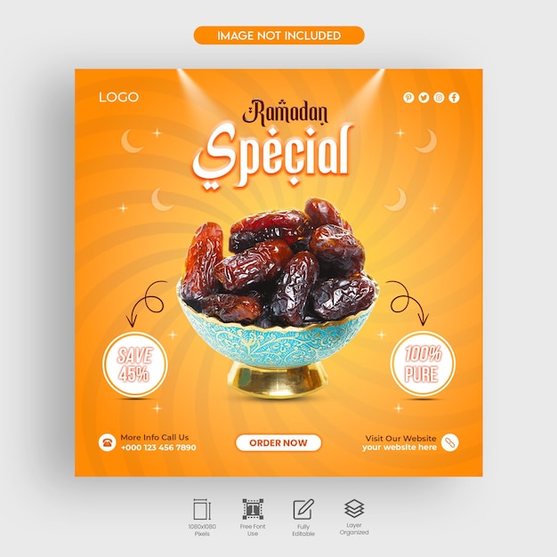 PSD fechas especiales de ramadán y plantilla de banner web de publicación de instagram de redes sociales de comida iftar psd premium