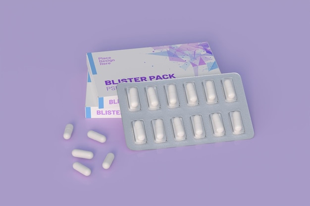 Feche a bolha do pacote com medicamentos redondos pílulas de uma cor Modelo de maquete renderização em 3d