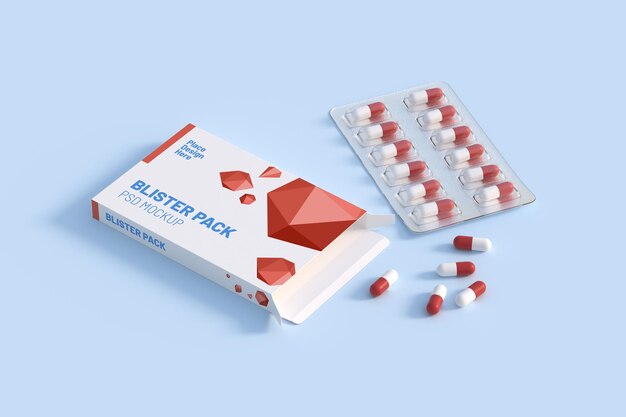 Feche a bolha do pacote com pílulas redondas de medicamentos Modelo de maquete renderização em 3d