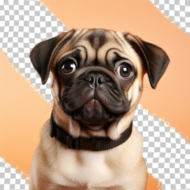 Feche o retrato de um adorável cachorrinho pug com a língua de fora em pé e de frente para a câmera em um fundo transparente