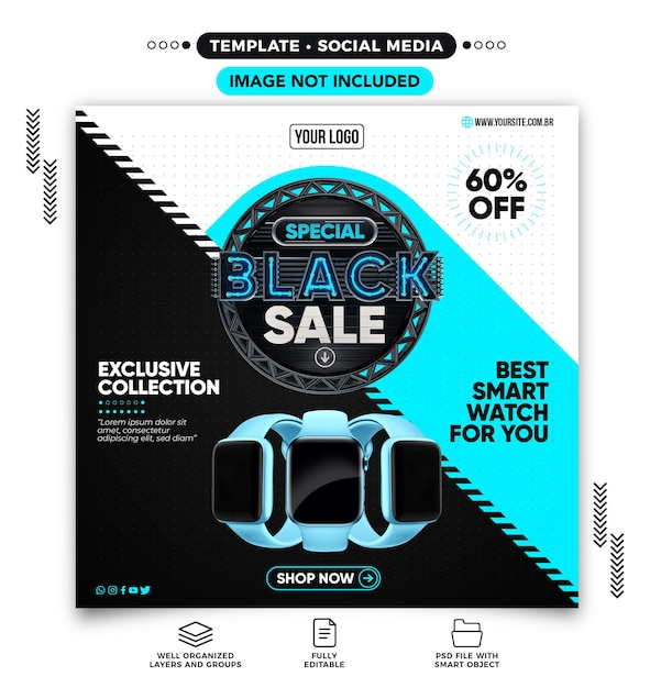 Feed de instagram de mídia social para venda de relógio inteligente ou modelo de banner da web