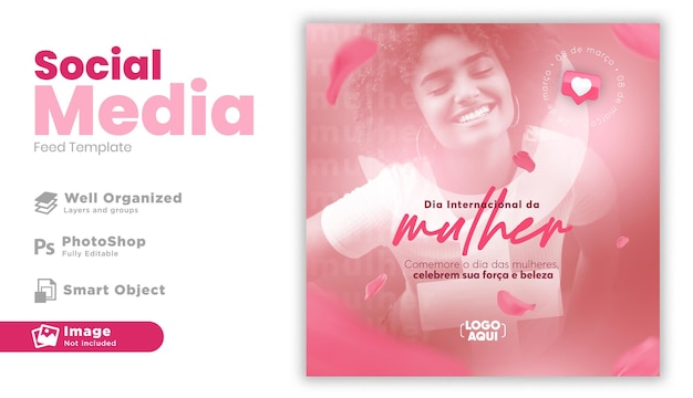 Feed de mídia social feliz dia internacional da mulher para campanhas de marketing no brasil em português