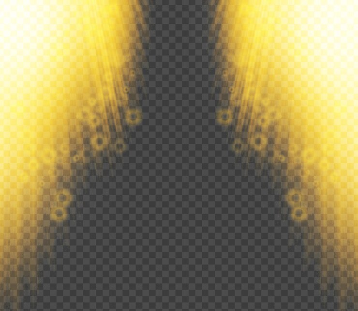 PSD feixes de luz dourados com efeito bokeh isolados sobre um fundo transparente
