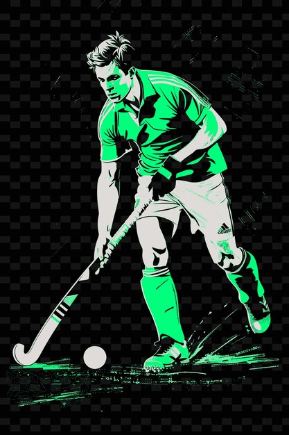 PSD feldhockey-spieler dribbelt ball mit kontrollierter pose wit illustration flach 2d sport-hintergrundh