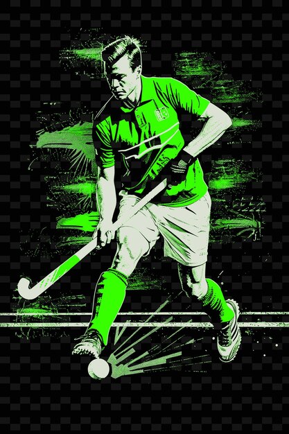 PSD feldhockey-spieler dribbelt ball mit kontrollierter pose wit illustration flach 2d sport-hintergrundh