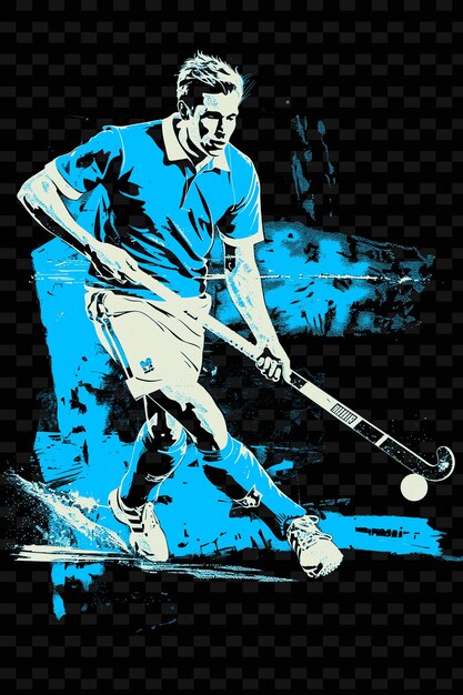 PSD feldhockey-spieler dribbelt ball mit kontrollierter pose wit illustration flach 2d sport-hintergrundh