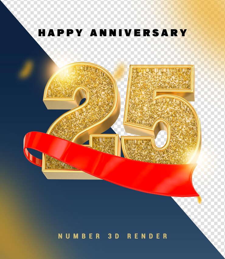 PSD felice 25° anniversario celebrazione numeri d'oro e nastro rosso rendering 3d