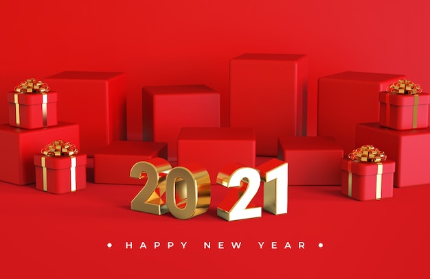 Felice anno nuovo 2021 con rendering di oggetti 3d