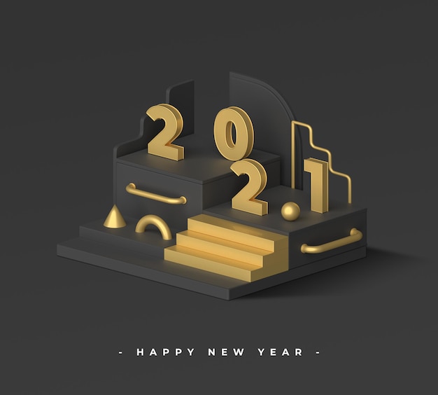 Felice anno nuovo 2021 con rendering di oggetti 3d