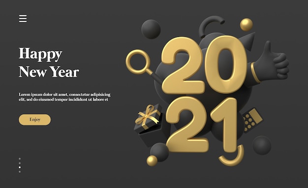Felice anno nuovo 2021 con rendering di oggetti 3d