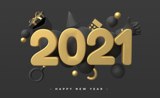 Felice anno nuovo 2021 con rendering di oggetti 3d