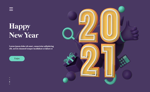 Felice anno nuovo 2021 con rendering di oggetti 3d
