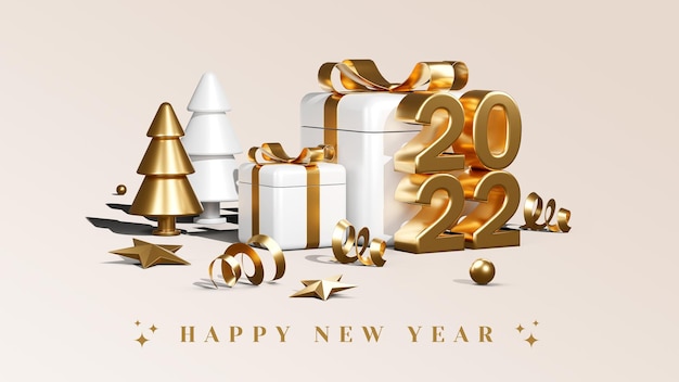 Felice anno nuovo 2022 con scatole regalo palloncini e coriandoli 3d rendering illustrazioni