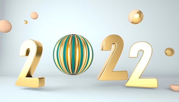 Felice Anno Nuovo 2022. Numeri 3D con forme geometriche e palla di Natale. rendering 3D.