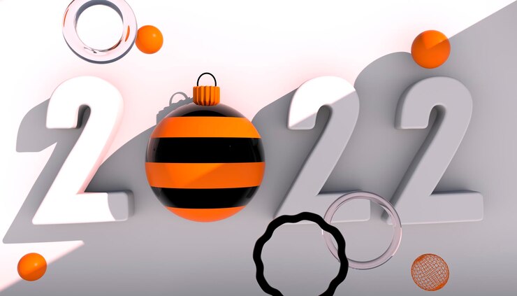 PSD felice anno nuovo 2022. numeri 3d con forme geometriche e palla di natale su sfondo bianco. rendering 3d.