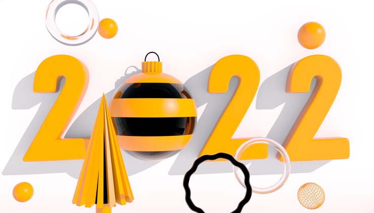PSD felice anno nuovo 2022. numeri 3d con forme geometriche e palla di natale su sfondo bianco. rendering 3d.