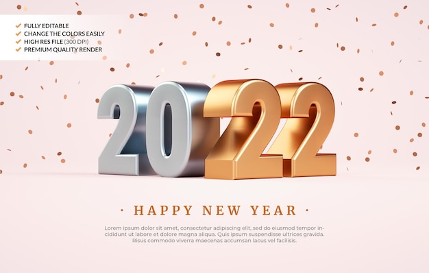 Felice anno nuovo 2022 sfondo banner con numeri dorati e coriandoli in rendering 3D realistico