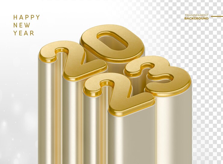 PSD felice anno nuovo 2023 in rendering 3d dorato con design del modello di sfondo trasparente