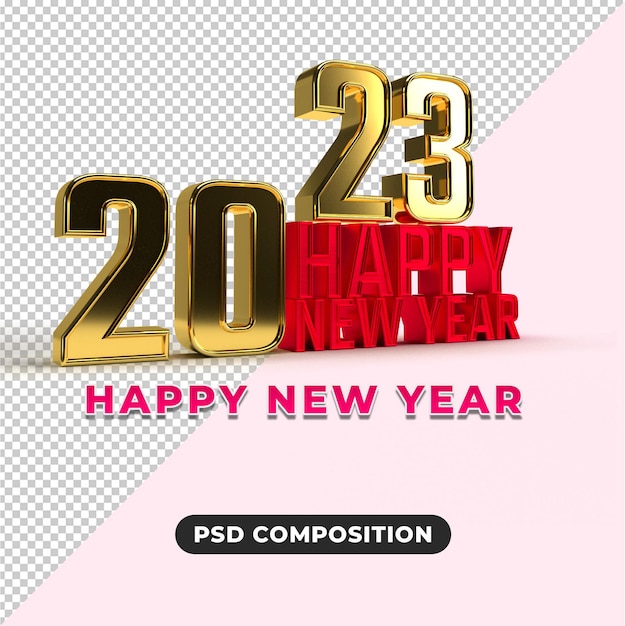 Felice anno nuovo 2023 rendering 3d effetto dorato e oro