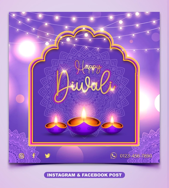Felice celebrazione del festival di Diwali con diya facebook o instagram post template