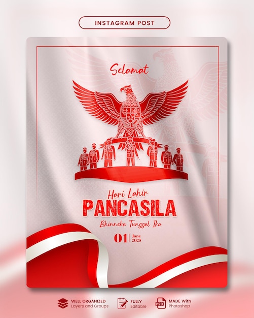 Felice celebrazione del giorno di Pancasila con la bandiera indonesiana e il Garuda