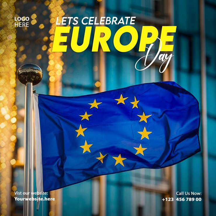 Felice celebrazione della Giornata dell'Europa 9 maggio Social Media Post Design Banner Template Illustrazione 3D