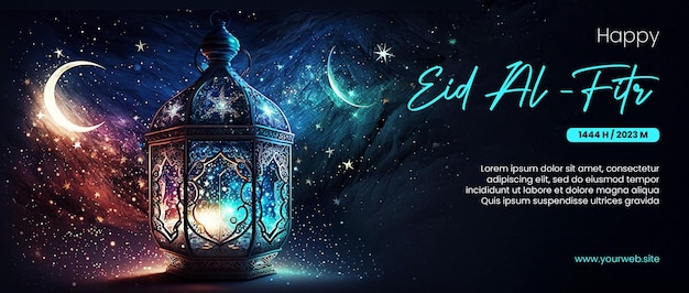 felice eid al fitr poster con sfondo lanterna araba e spazio esterno