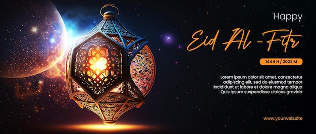 felice eid al fitr poster con sfondo lanterna araba e spazio esterno