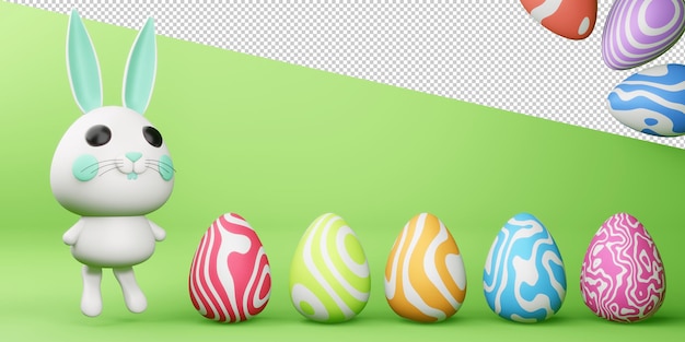 Felice giorno di pasqua con simpatico coniglietto con uovo colorato in rendering 3d