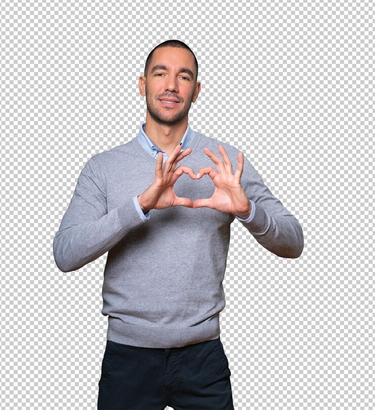 PSD felice giovane che fa un gesto d'amore con le mani