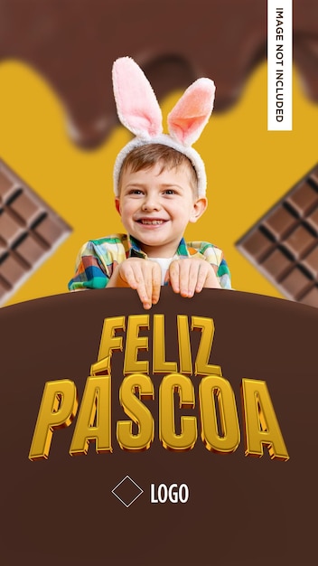 Felice Pasqua con un bambino sorridente che indossa orecchie di coniglio e cioccolato