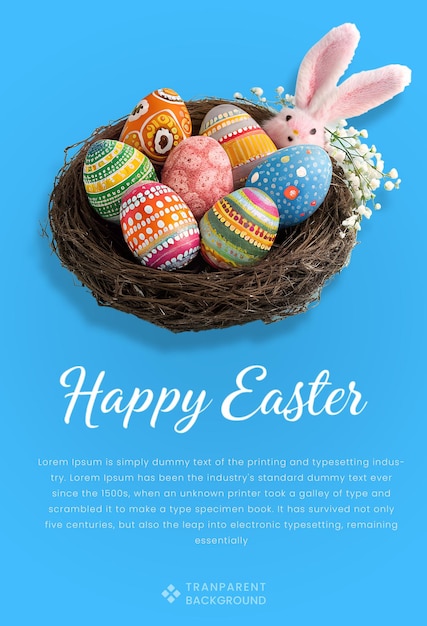 Felice Pasqua con uova colorate e un coniglietto carino