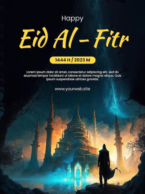 Felice poster di Eid AlFitr con uno sfondo in cui qualcuno vede una magnifica moschea