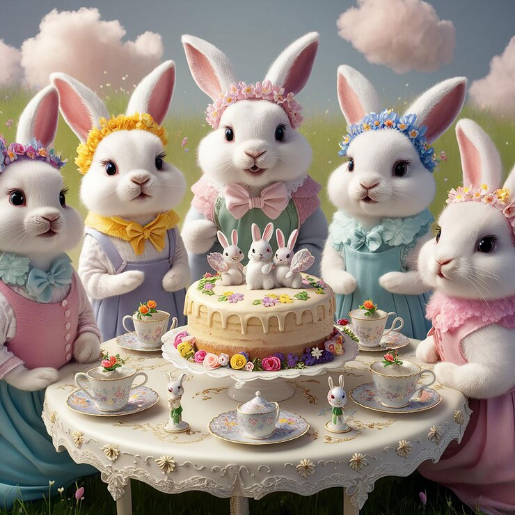 PSD felices conejitos de pascua en su mesa de té con un pastel de vacaciones decorado