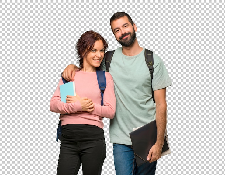PSD felices dos estudiantes con mochilas y libros.
