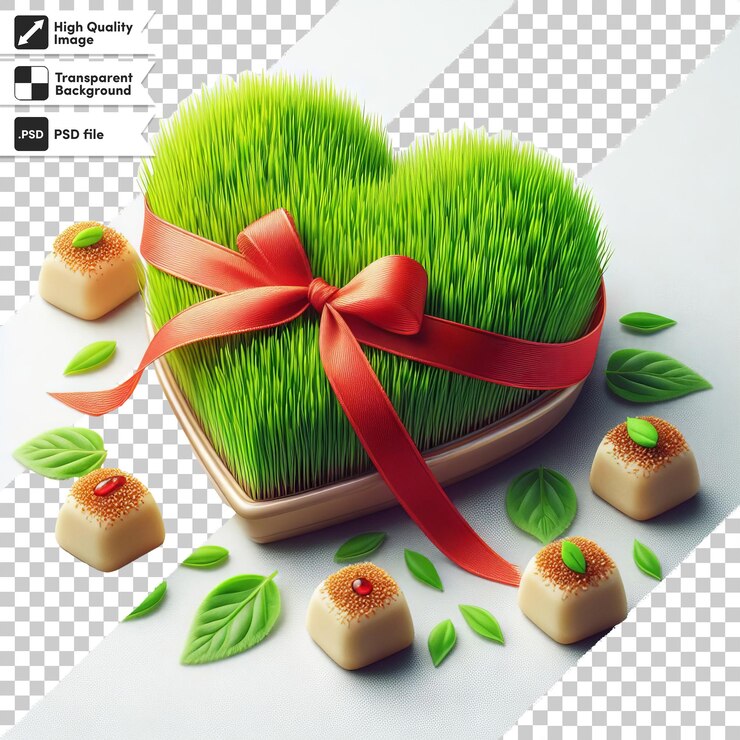 PSD felicitaciones de psd en nowruz con un brote de hierba verde fresco y festivo en un plato atado con un rojo