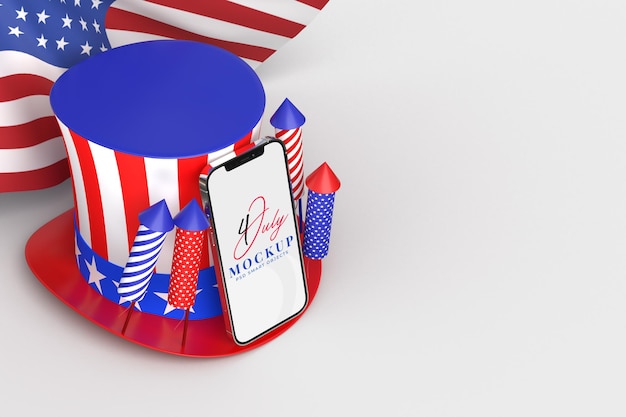 PSD feliz 4 de julho dia da independência dos eua e maquete de smartphone com decoração e bandeira americana