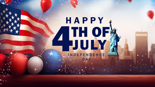 PSD feliz 4 de julio tarjeta de felicitación del día de la independencia de los estados unidos con la bandera nacional estadounidense ondeando