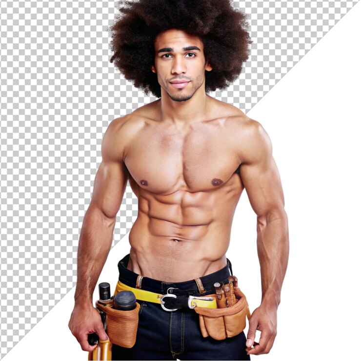 PSD feliz afro constructor guapo sin camisa con herramienta en un fondo transparente