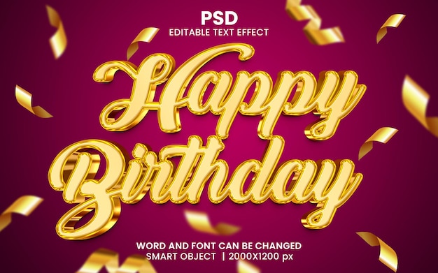 Feliz aniversário 3d efeito de texto editável PSD Premium com plano de fundo