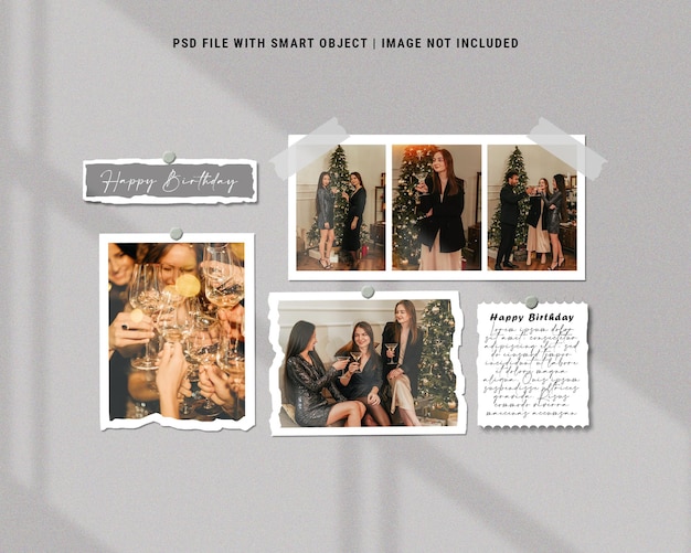 Feliz aniversário conjunto de moldura de foto moodboard mockup premium psd Premium Psd