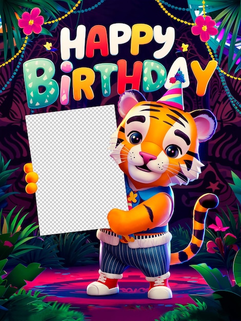 PSD feliz aniversário modelo de cartão 3d tigre com um quadro transparente vazio para foto