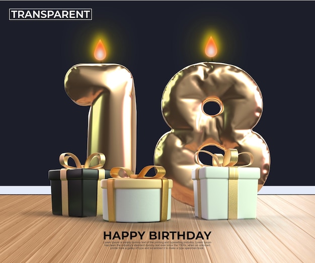 PSD feliz aniversário ouro número 18 modelo de design de aniversário eps editar edição fácil