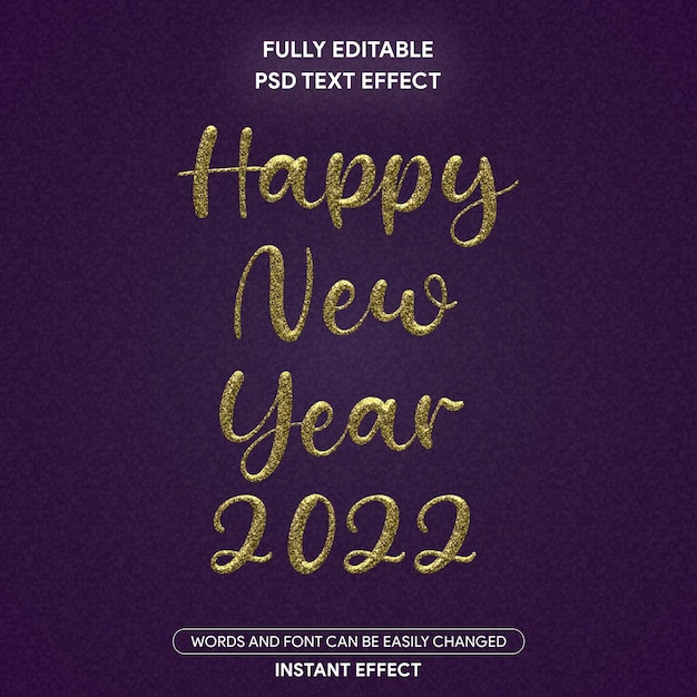 Feliz ano novo 2022 com efeito de texto glitter dourado psd editável