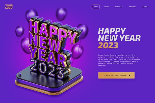 Feliz ano novo 2023 letras em negrito modelo de renderização 3d de alta qualidade em fundo roxo