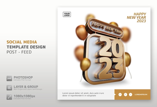 Feliz ano novo 2023 postagem de modelo de mídia social de renderização 3d de alta qualidade